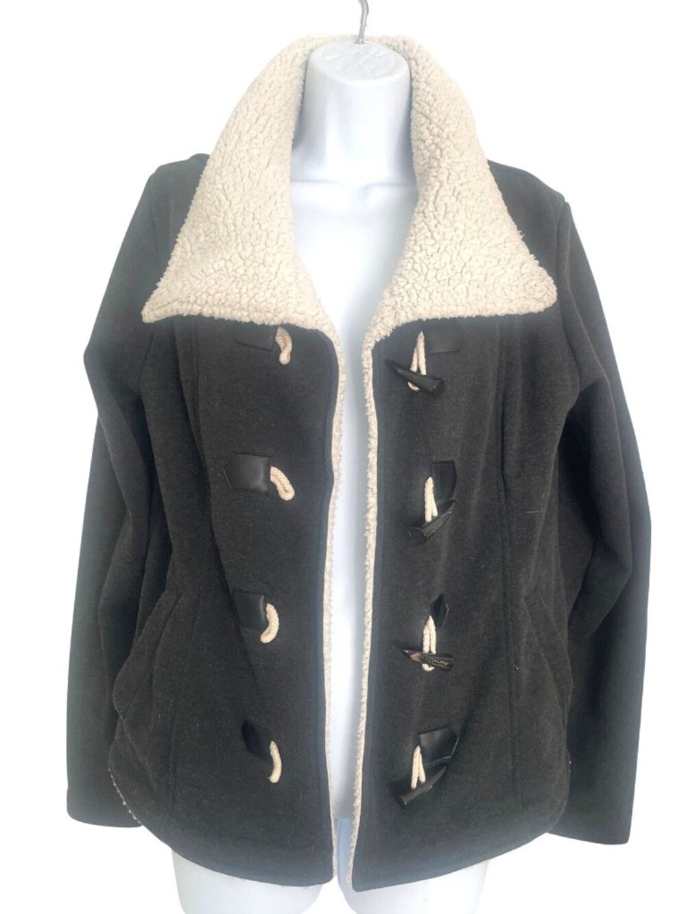 Madden Girl Womens Toggle Coat With Faux Sherpa Lining‎ M Black Preppy Classic